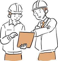 Construction Workers Discussing with Tablet - Line Art Illustration