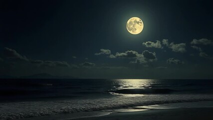 An airplane flies over the ocean at night, illuminated by the bright full moon reflecting on the water - Powered by Adobe