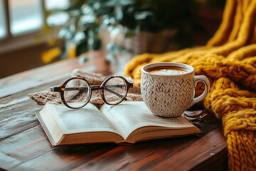 Warm cozy setting with coffee cup, book and glasses on table