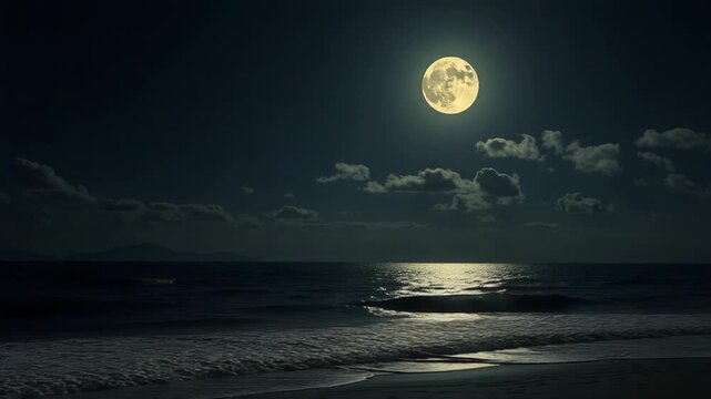 An airplane flies over the ocean at night, illuminated by the bright full moon reflecting on the water