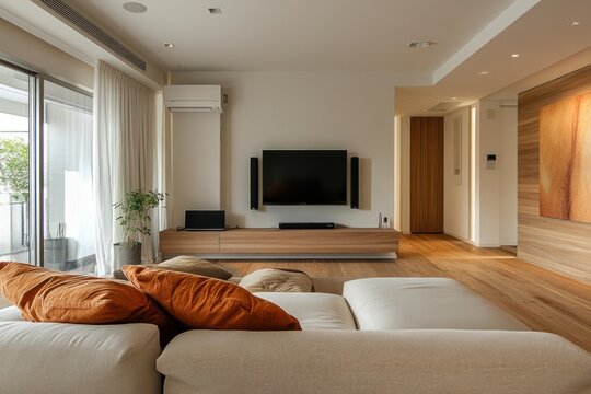 Warm and inviting home interior with entertainment setup and modern furniture