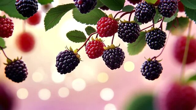 Ripe blackberries and red berries hanging on a branch with green leaves Bokeh background