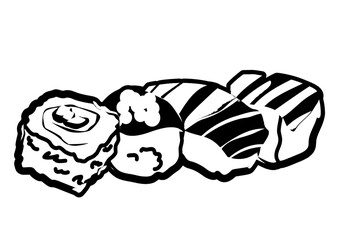 line drawing of sushi ,rolls set on white background 