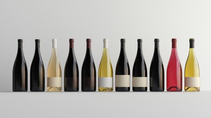 3d render lineup of wine bottles on white background