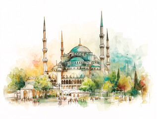 Colorful watercolor of Blue Mosque in spring