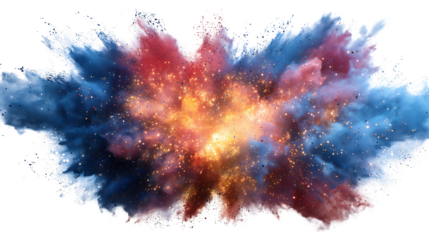 Colorful dust explosion with sparks on transparent background