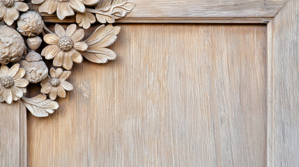 Fototapeta premium Detailed wooden carving of flowers and leaves on textured wooden surface creates warm and inviting atmosphere