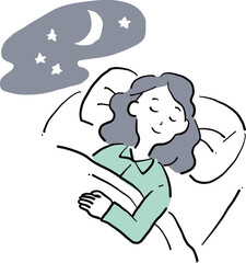 Woman Sleeping Peacefully at Night - Hand-Drawn Line Art Illustration