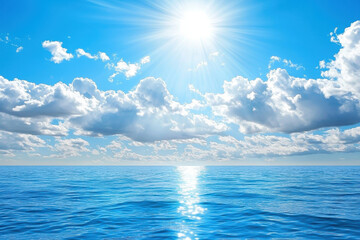 Obraz premium Bright sunlight reflects on calm ocean waters, creating serene and peaceful atmosphere with fluffy clouds in sky