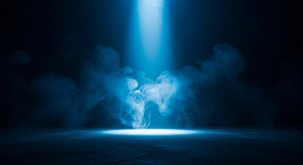 Mysterious blue spotlight illuminates swirling smoke and textured ground in a dark atmospheric scene