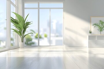 Bright Minimalist Room Interior Design: Sunlight Streaming Through Large Windows