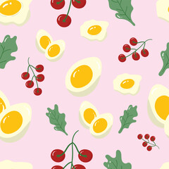 Egg, tomato, lettuce on a pink background. Food seamless pattern for clothing, fabric, wallpaper, backdrop, home decoration, cover book, and wall art.