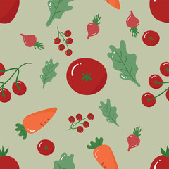 Carrot, beetroot, tomato, and lettuce on a green background. Food seamless pattern for clothing, fabric, wallpaper, backdrop, home decoration, cover book, and wall art.