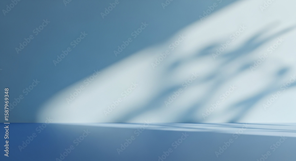 Poster Minimalist blue studio background with soft light and abstract shadow patterns perfect for product display and design