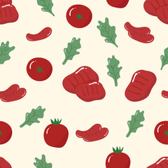 Steak, sausage, tomato, and lettuce on a beige background. Food seamless pattern for clothing, fabric, wallpaper, backdrop, home decoration, cover book, and wall art.