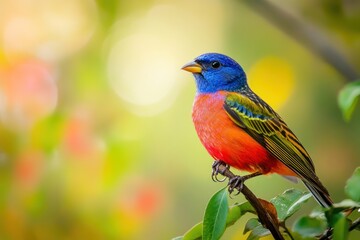 Fototapeta premium Vivid painted bunting bird in profile, perched calmly, soft bokeh forest backdrop