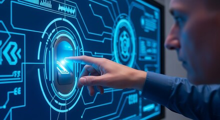 Fingerprint scan on a futuristic interface with glowing blue technology and data