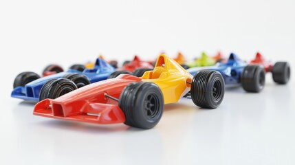 Naklejka premium 3d render lineup of toy race cars on white background