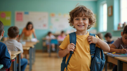 Happy young schoolboy with backpack holding a blue notebook, smiling in a brightly lit classroom.