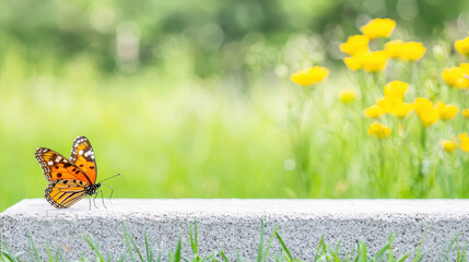 Vibrant butterfly rests on stone in lush green field, surrounded by bright yellow flowers, creating serene atmosphere