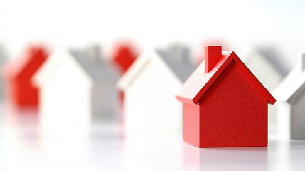 Vibrant red house stands out among white miniature houses, symbolizing property investment and approval