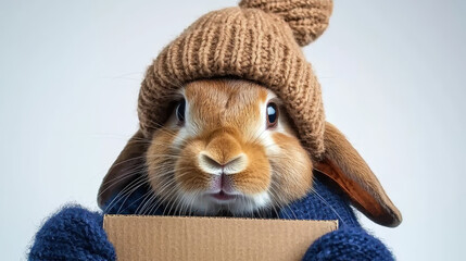 Cute rabbit wearing knitted hat and holding cardboard sign looks adorable and playful