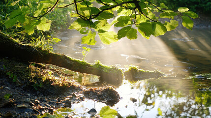 Sunlight filtering through leaves over serene stream, creating peaceful atmosphere in nature