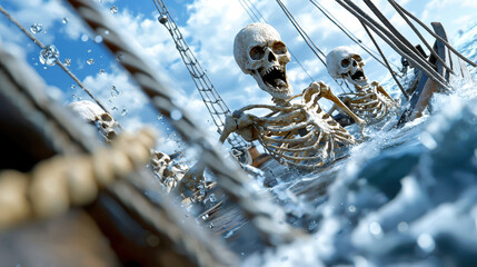 Skeleton crew sailing through stormy sea, showcasing eerie expressions and dramatic waves