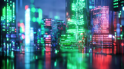 Futuristic city skyline with vibrant neon lights reflecting on surface, showcasing advanced technology and urban design
