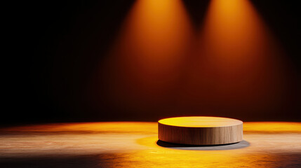 Soft spotlight illuminates circular wooden platform, casting diffuse shadows in dark setting, creating dramatic atmosphere