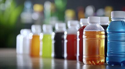 Refreshing sports drinks in various colors and flavors lined up on table, showcasing hydration options for athletes