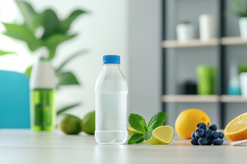 Fresh water bottle surrounded by mint, lemon, and blueberries, evoking refreshing and healthy lifestyle