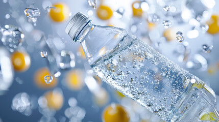Refreshing sparkling water bottle with bubbles and droplets, perfect for hydration and energy