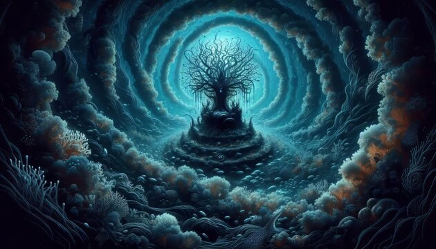 A sea witch s grotto beneath the waves where bioluminescent cora