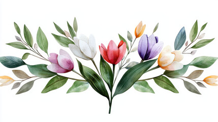 Beautiful arrangement of tulips in various colors, surrounded by green leaves, creating vibrant floral display
