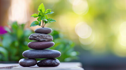 Balanced stack of smooth stones with small green plant growing on top, symbolizing harmony and nature beauty