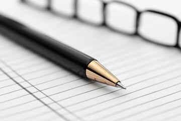 Close up of black pen resting on lined paper, with pair of glasses in background, evokes sense of productivity and focus