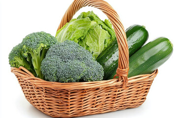 Fresh vegetable basket with broccoli, lettuce, and cucumbers, showcasing vibrant colors and healthy produce
