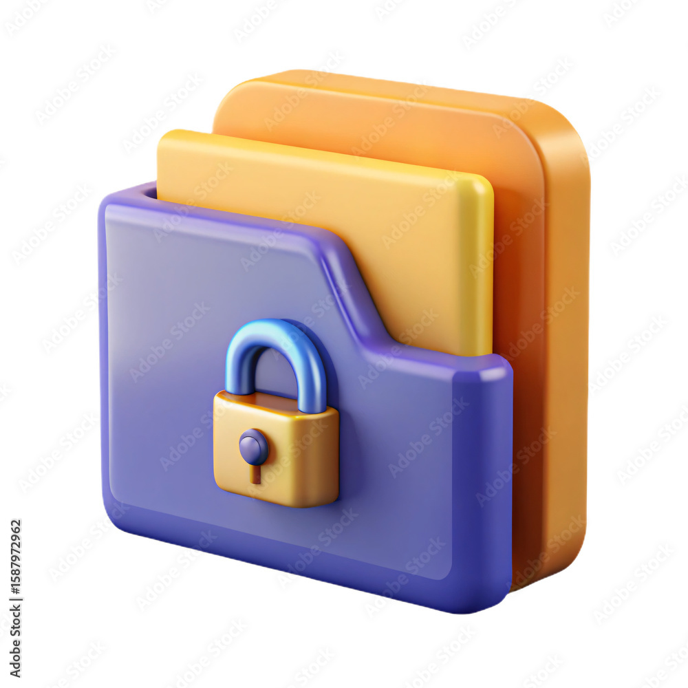 Poster protected folder 3d icon with lock for secure file storage and data privacy on transparent backgroun