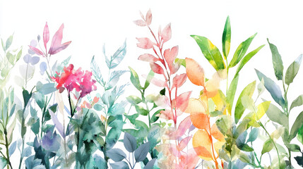 Vibrant watercolor botanical illustration featuring various colorful plants and leaves, creating lively and fresh atmosphere