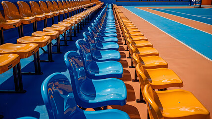 Naklejka premium Close-up symmetrical view of vibrant blue and yellow tennis court seating, emphasizing clean design and sunlight reflections. 