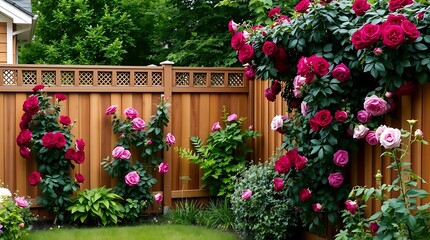 Obraz premium A Cottagecore backyard garden featuring wooden fences and climbing roses, rich burgundy and deep blue color scheme, sophisticated and elegant style, refined features