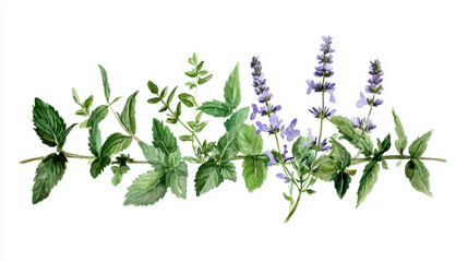 Watercolor botanical illustration of various green herbs and purple flowers, showcasing nature beauty and detail