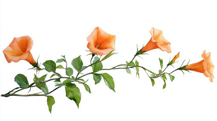 Watercolor botanical illustration of orange trumpet flowers with green leaves, showcasing delicate beauty and vibrant colors