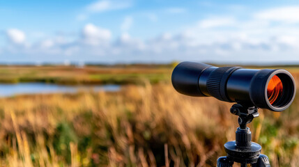 Telescope on tripod overlooking wetland landscape, perfect for birdwatching and nature observation