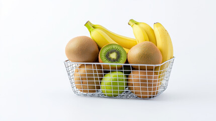 Fresh fruits in wire basket including bananas, kiwis, and melons create vibrant and healthy display