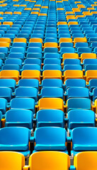 Close-up symmetrical view of vibrant blue and yellow tennis court seating, emphasizing clean design and sunlight reflections.
