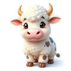 Cute Fluffy Adorable Cow Isolated on White Background