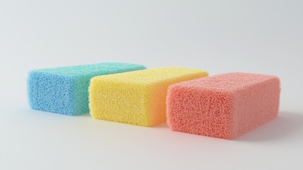 3d render lineup of sponges and scrubbers on white background