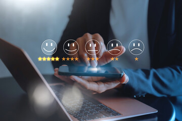 Customer review satisfaction feedback survey concept, User give rating to service experience on online application, Customer can evaluate quality of service leading to reputation ranking of business.